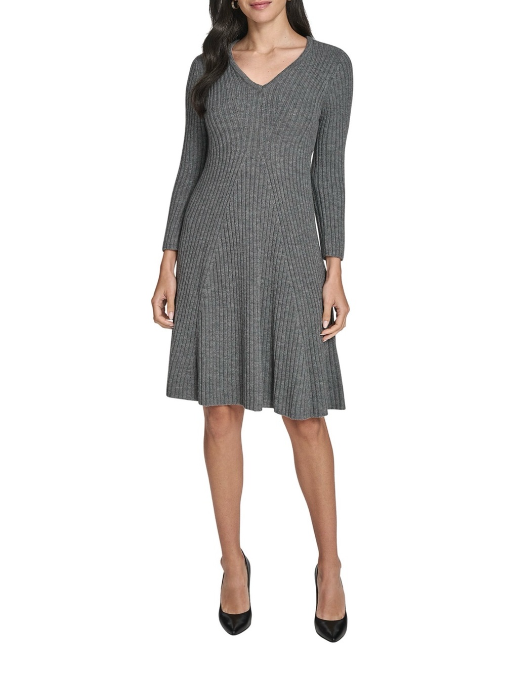 JESSICA HOWARD V-Neck Rib Knit A-Line Dress - Gray